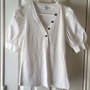 Chico's bestselling Slub Split N White Puff Sleeve Blouse with Button Accents
